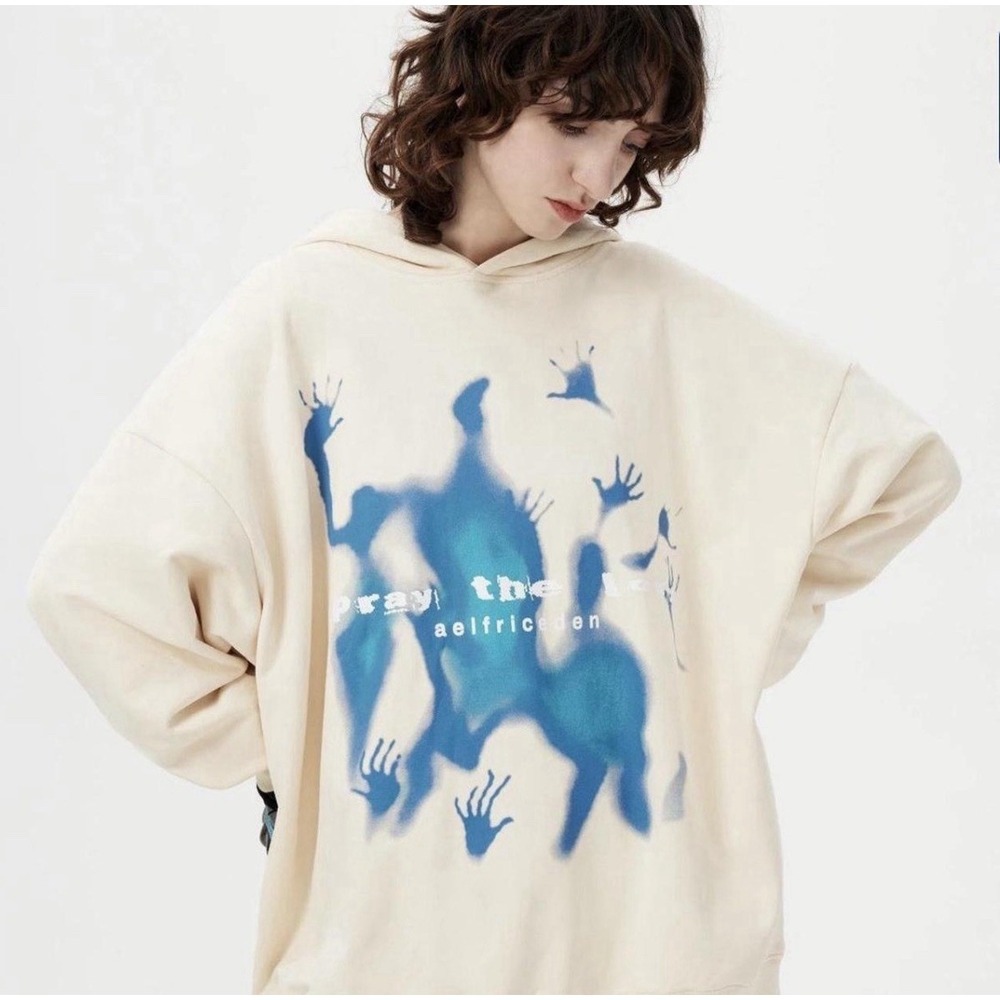 Aelfric Eden NWT Pray the Lord Graphic Hoodie XS Cream Blue Heavyweight Oversize